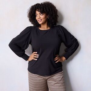 LC Lauren 1X black smocked cuff top